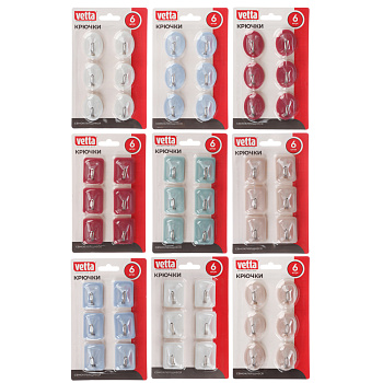 Крючки самоклеящиеся тм VETTA, сталь Q195, полипропилен, 5 цветов, WF-104, 6шт