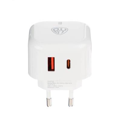 Сетевое зарядное устройство BY Corner 20Вт, USB-C, USB-A, QC,PD,110-240В,50-60Гц, пластик, белый