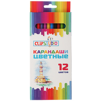 Карандаши 12цв. ClipStudio шестигранные заточ., пластик, в карт.кор. с подвесом