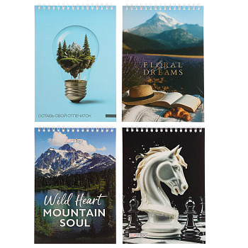 Блокнот А5, 40 листов, офсет, обложка картон, спираль, в клетку, 4 диз.