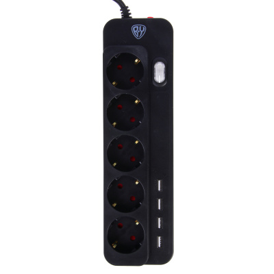 Удлинитель, сетевой фильтр 5 гнезд BY 2м, 4xUSB (3А), 0,75кв.мм,10А,2500Вт, чёрный