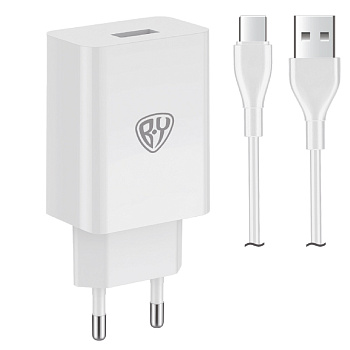 Сетевое зарядное устройство с кабелем BY Simple 18Вт,USB-A QC,каб Type-С,3А,100см,110-240В,белый