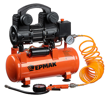 ЕРМАК Компрессор пневматический безмасляный 10л с пистолетом и шлангом 5м