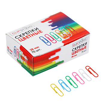Скрепки металлические ClipStudio цветные 28мм, 70 штук в картонной коробке