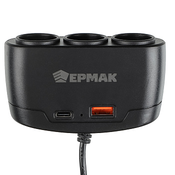 ЕРМАК Разветвитель прикуривателя, 3 выхода +1 USB, 60 W, 2.1А,12/24В, пластик