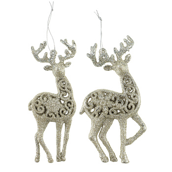 СНОУ БУМ Подвеска декоративная "Олень" 14 см, пластик, глиттер, золото, 2 дизайна