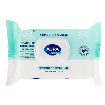 Влажные полотенца универсальные AURA Family, 60шт