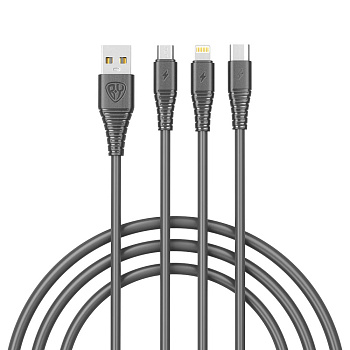 Кабель для зарядки 3в1 USB(A)-Type-C/microUSB/iP BY Base, 18W, 1,2 м, 3A, PVC, чёрный