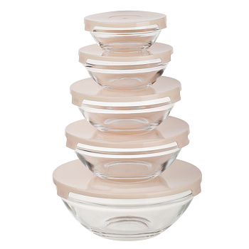 MILLIMI Набор салатников с крышкой 5 шт: 900/ 500/350/200/130 мл, стекло, пластик, бежевый