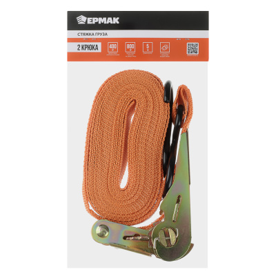 Стяжка груза 5 м, храповик 110мм, ширина ленты 25мм, 400/800кг, S-крюки, ЕРМАК