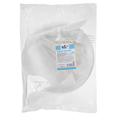 Набор на 6 персон окрашенный тм VIP (тарелка 205 мм; стакан 200 мл; вилка; нож; салфетка) полистирол