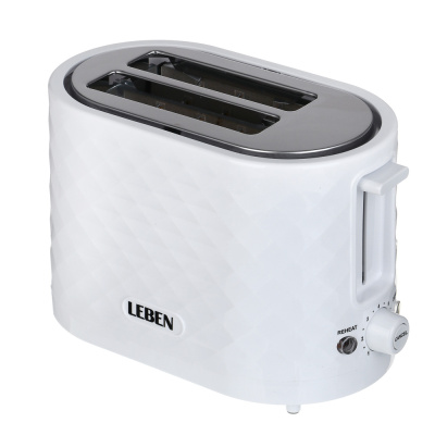 LEBEN Тостер, 650 Вт, 2 слота, режим разморозки, поддон для крошек, пластик, металл, белый