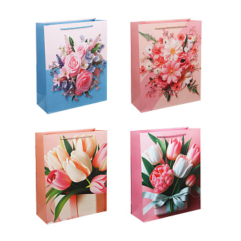 Пакет подарочный бумажный тм LADECOR, L 26x32x10 см, "Цветы" арт 3, 4 дизайна