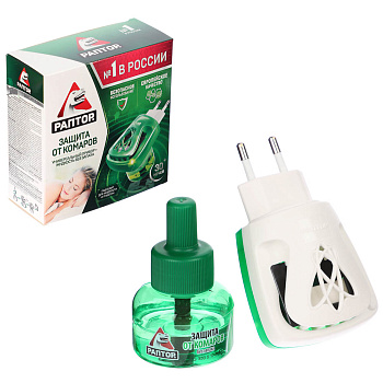 Комплект для защиты от комаров РАПТОР: электрофумигатор+жидкость без запаха, 30 ночей, 20мл