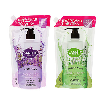 Мыло жидкое SANFITO Лавандовые поля/Луговые травы, дой-пак, 1000 мл