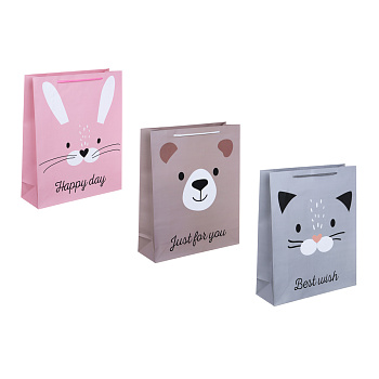 Пакет подарочный бумажный, 26x32x9 см, 128 гр, 3 дизайна, Happy Day