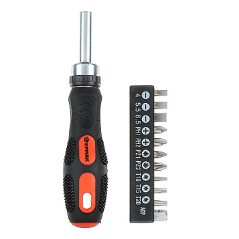 ЕРМАК Отвертка реверсив.,адаптер 1/4,биты:SL4,SL5.5,SL6.5,PH1,PH2,PZ1,PZ2,TORX10,TORX15,TORX20,сталь