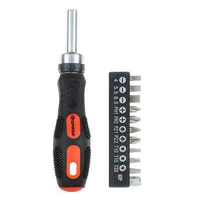 ЕРМАК Отвертка реверсив.,адаптер 1/4,биты:SL4,SL5.5,SL6.5,PH1,PH2,PZ1,PZ2,TORX10,TORX15,TORX20,сталь