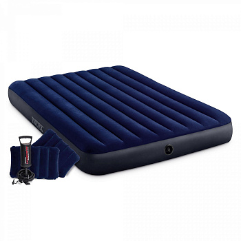 INTEX Матрас надувной CLASSIC DOWNY, в комплекте 2 подушки и насос, 203x152x25см, до 272кг, 64765