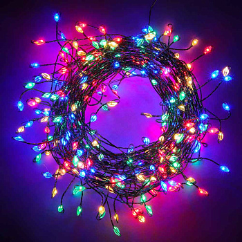 СНОУ БУМ Гирлянда эл. нить росы мишура 10м, 280LED, мульти, пост.свеч., мед.провол., зел. цвет, 220В