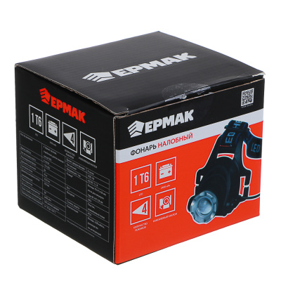 Фонарь налобный тм ЕРМАК, 1 T6 LED, с фокусировкой, 2*1200мАч, 4 режима, пластик, 70х75х50 мм