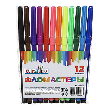 Фломастеры 12цв. ClipStudio с цветным колпачком, пластик, в ПВХ пенале