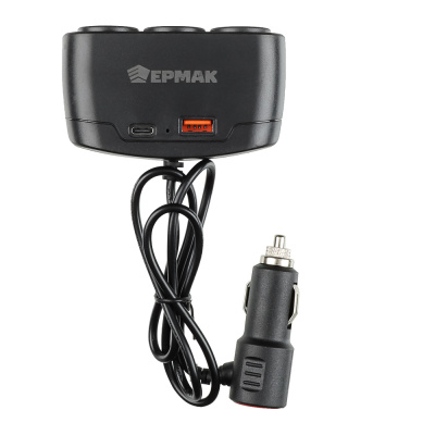 ЕРМАК Разветвитель прикуривателя, 3 выхода +1 USB, 60 W, 2.1А,12/24В, пластик