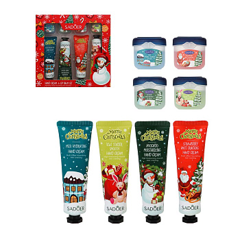 Набор 8 шт (кремы для рук 4 шт х 30гр, бальзамы для губ 4 шт х 7гр) тм SADOER Merry Xmas, подар.уп.