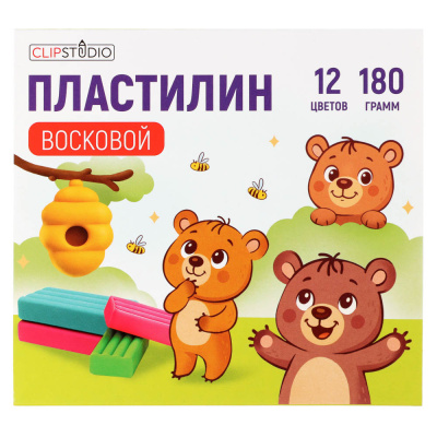 Пластилин мягкий 12цв. ClipStudio 180г, со стеком, в картонной коробке, ВОСКОВОЙ
