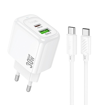 hoco. Зарядное устройство модель CS55A, USB+C 30W+ Кабель для зарядки С-С, цвет: белый