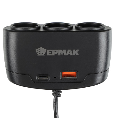 ЕРМАК Разветвитель прикуривателя, 3 выхода +1 USB, 60 W, 2.1А,12/24В, пластик