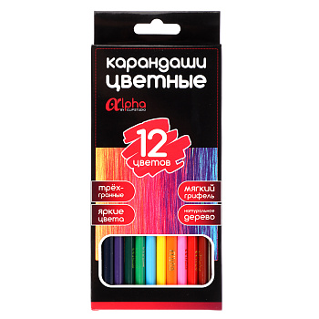 ClipStudio Карандаши 12 цветов "Альфа" 3-гранные заточ., дерево, 2М, улучш.прокрас, к/к, ПРЕМИУМ