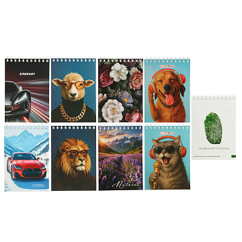 Блокнот А6, 40 листов, офсет, обложка картон, спираль, в клетку, 9 диз.