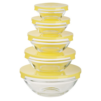 MILLIMI Набор салатников с крышкой 5 шт: 900/ 500/350/200/130 мл, стекло, пластик, желтый