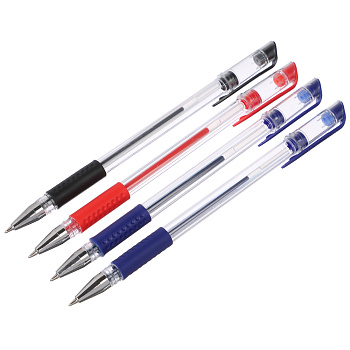 Набор гелевых ручек ClipStudio 4шт(2с,1ч,1к) проз. корп., резин. держ., наконечник 0,5 мм, в пакете