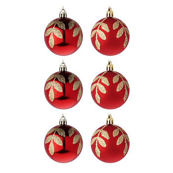 СНОУ БУМ Набор шаров 6 см, 6 шт, красный, пластик, глиттер, 26-107