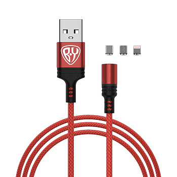 BY Кабель для зарядки Магнитный 3 в 1, iP/Micro USB/Type-C, 1м, 2.1А, красный