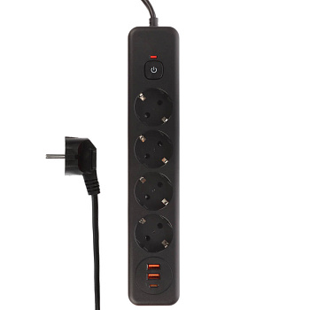 Удлинитель, сетевой фильтр 4 гнезда 3м BY Black, 2*USB, 1*type-C,выкл., 2500Вт, чёрный