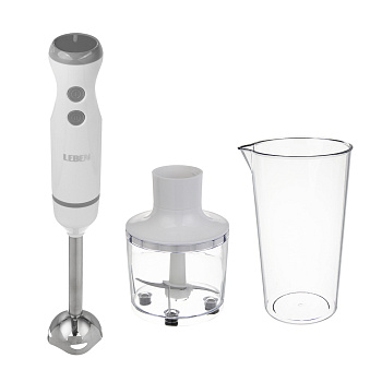 LEBEN Блендер погружной, 900 Вт, 2 скорости, металл.стержень, чоппер и стакан, белый
