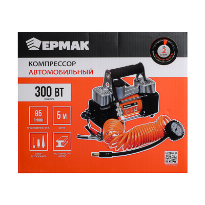 ЕРМАК Компрессор автомоб, крокодилы к АКБ, 2-х поршн, шланг 5м, в сумке, 12V, 300W, 85л/м