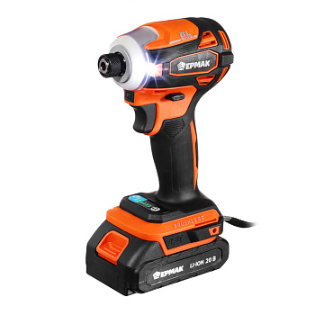 ЕРМАК Дрель-шуруповерт на АКБ, Бесщет, импакт, 20В, 2,0А Li-ion (1шт),з/у, 230H*m (ONE)