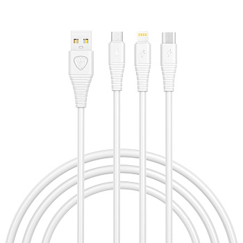 Кабель для зарядки 3в1 USB(A)-Type-C/microUSB/iP BY Base, 18W, 1,2 м, 3A, PVC, белый