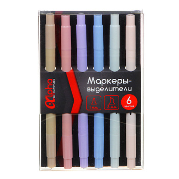 Набор маркеров-выделителей "Альфа", 2-стор, 6 цветов "пастель" након.скош.3мм/круг 1мм, пласт.бокс