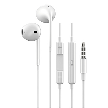 Наушники проводные вкладыши с микрофоном BY Space, jack 3.5мм, 120см, белый