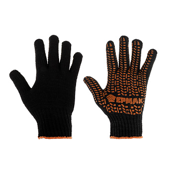 ЕРМАК Перчатки вязаные ЛЮКС х/б с ПВХ напылением, 5 нитей, черные, 62гр, 24см, подвес
