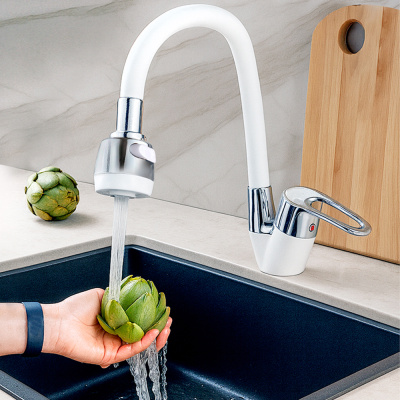 СоюзКран Смеситель для кухни, гибкий излив, керам. картридж 40мм, белый/хром, цинк, SK01-F125