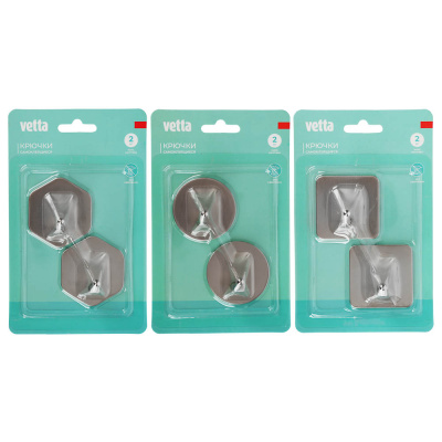 Крючки самоклеящиеся тм VETTA, 4,5x4,5см, нерж.сталь 201, 3 дизайна, 2шт