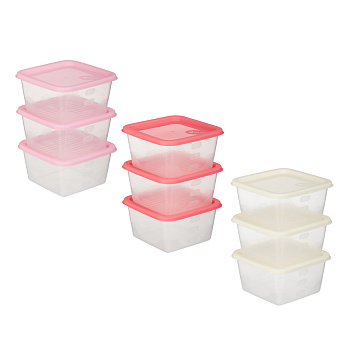 Набор контейнеров пищевых квадратных, 3шт, 0,63л, пластик, 3 цвета