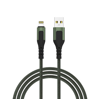 Кабель для зарядки USB(A)-iP BY Satiny, 1.5м, Быстрая зарядка 2.4А, 12Вт, тканевый, зеленый