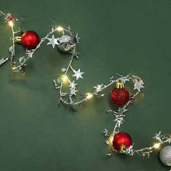 СНОУ БУМ Гирлянда эл. нить росы медь "Шарики и звезды" 2.8м, 30LED, шампань, пост.св, 2хАА